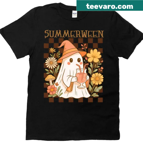 Oversized T-shirt featuring a cute ghost with a drink for Halloween