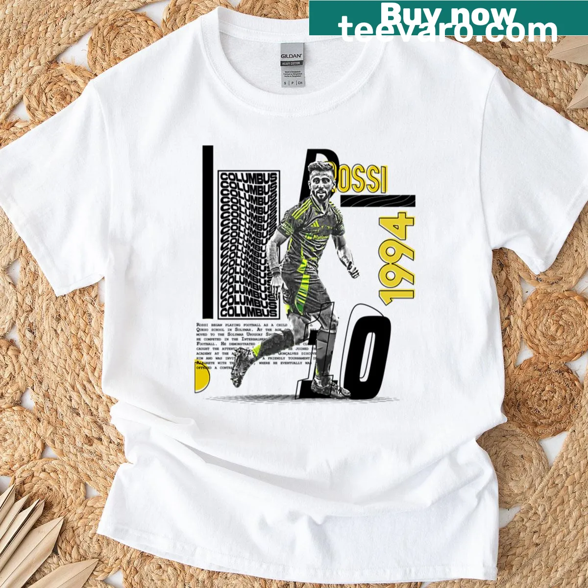 Oversized D Rossi soccer player design t-shirt — on a men's t-shirt