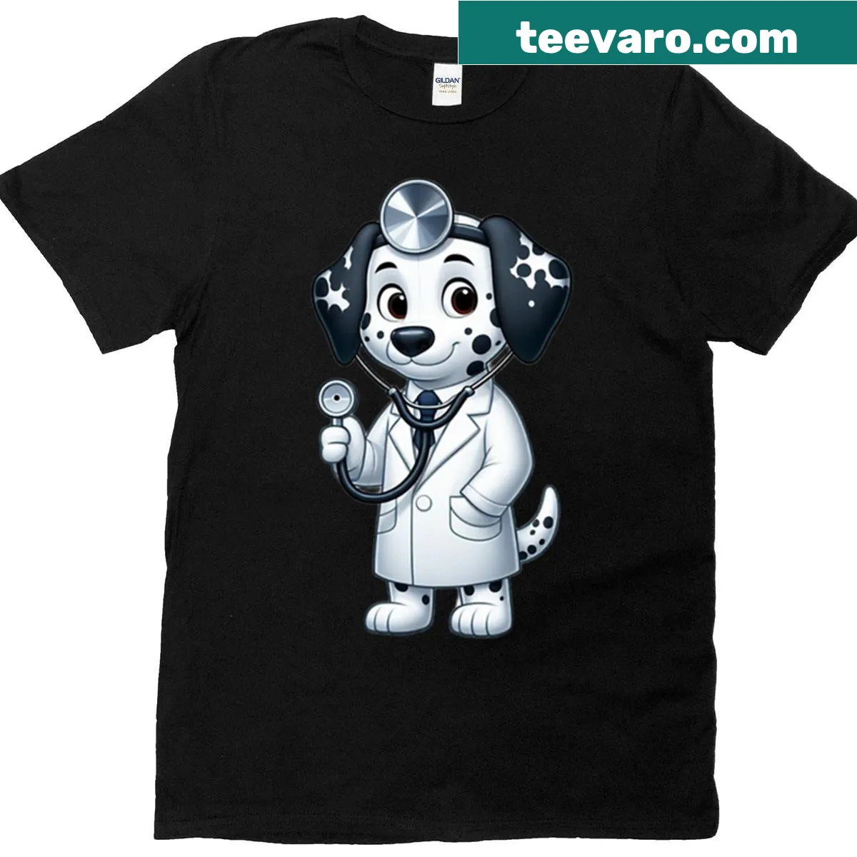 Cartoon Dalmatian in a doctor's outfit T-shirt — on a men's t-shirt