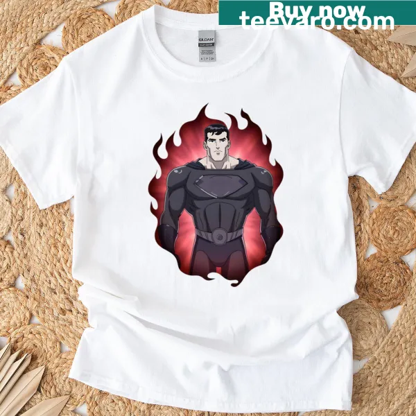 Bold comic-style hero portrait T-shirt with a red aura