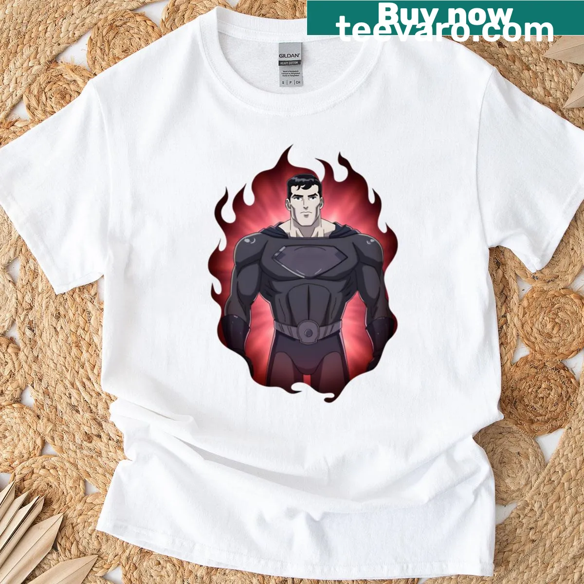 Bold comic-style hero portrait T-shirt with a red aura — on a men's t-shirt