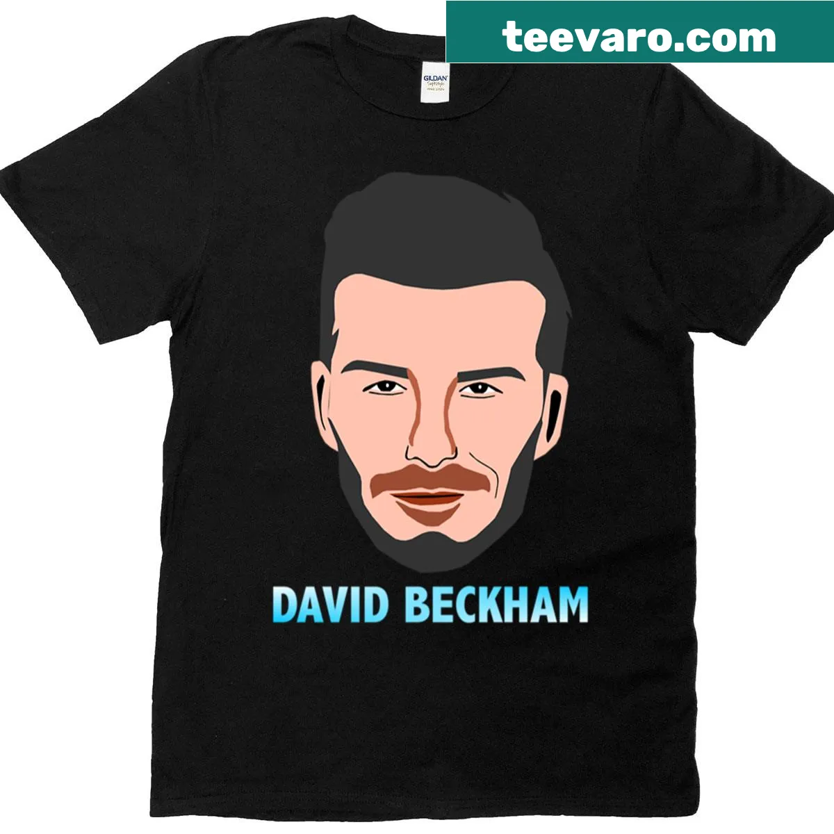 Illustrative T-shirt featuring David Beckham celebrating his soccer career — on a men's t-shirt