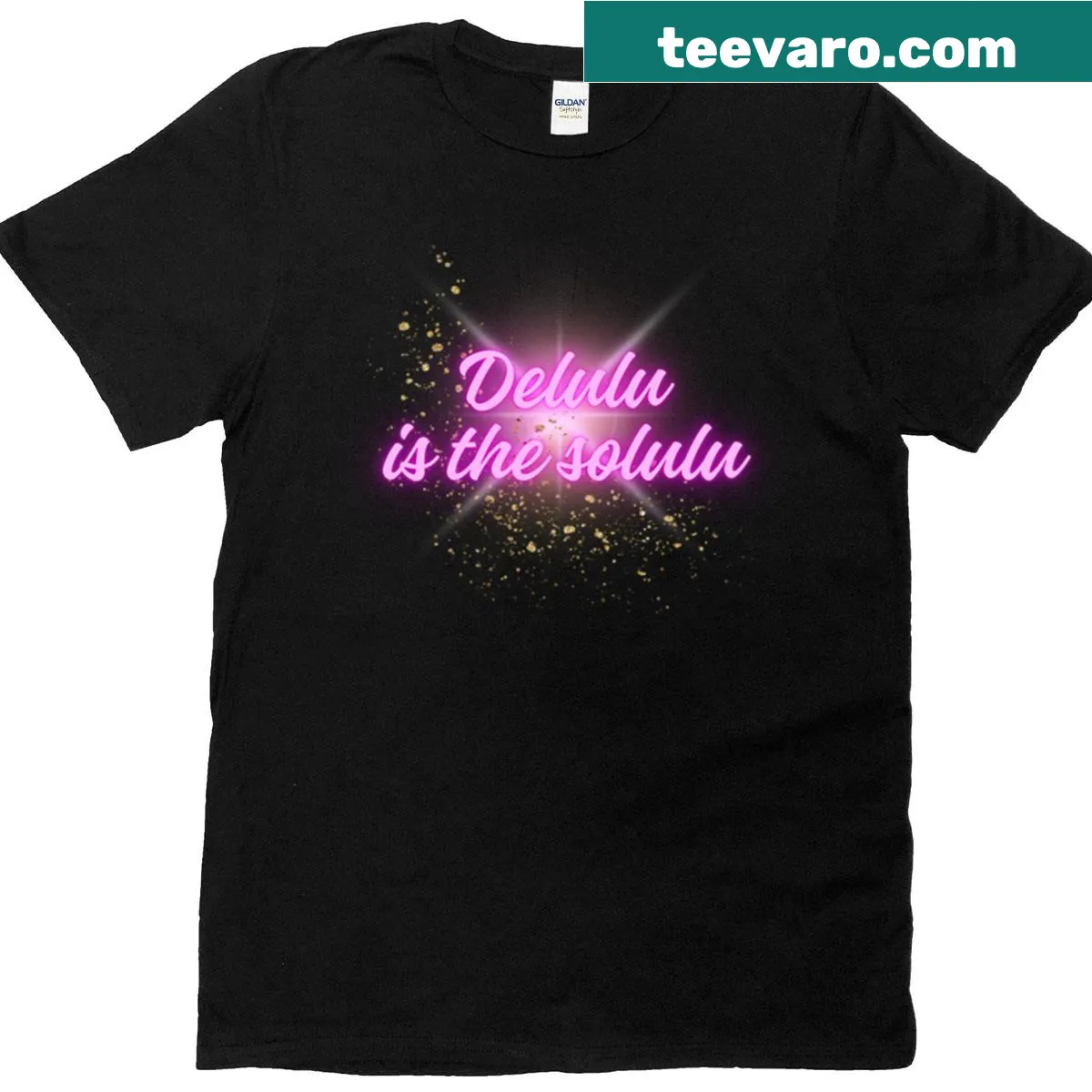Typographic T-shirt stating 'Delulu Is The Solulu' — on a men's t-shirt
