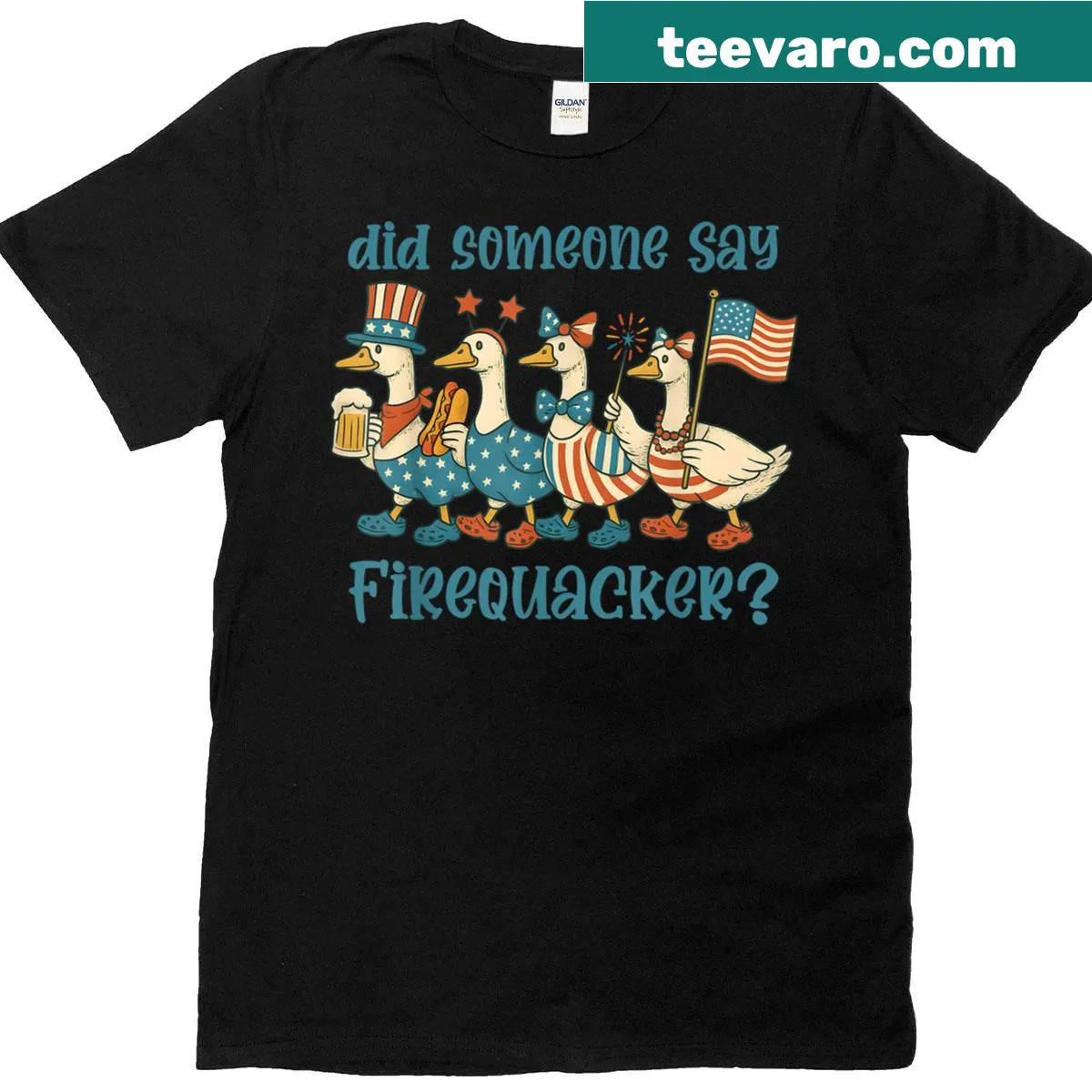 Cartoon goose with US flag on a Fourth of July T-shirt — on a men's t-shirt