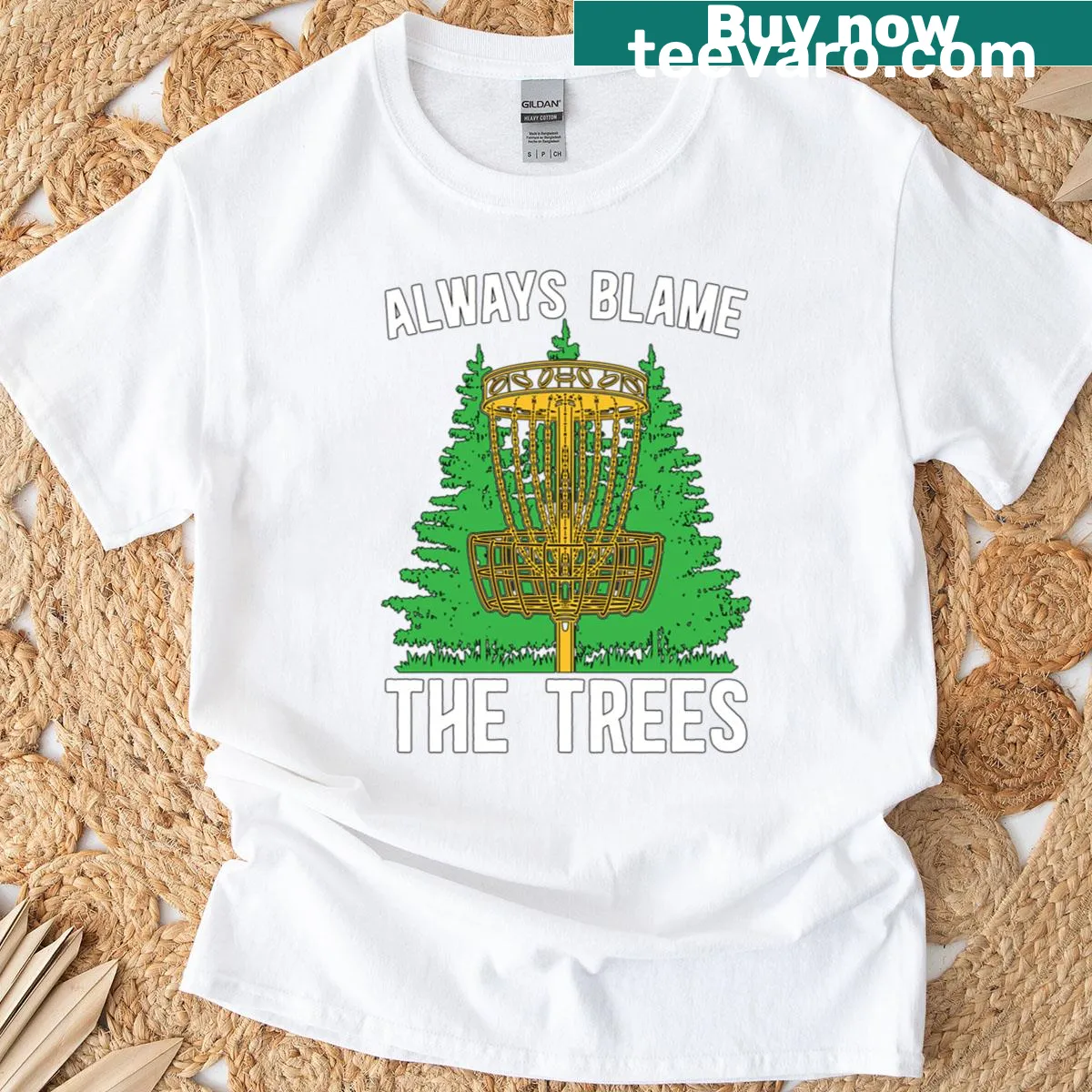 Funny graphic t-shirt with 'Always Blame The Trees' for disc golf — on a men's t-shirt