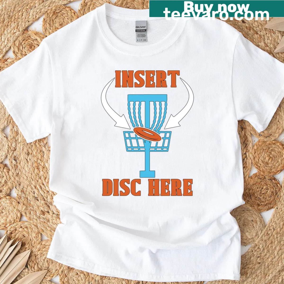 Fun oversized T-shirt with 'Insert Disc Here' graphic for disc golf — on a men's t-shirt