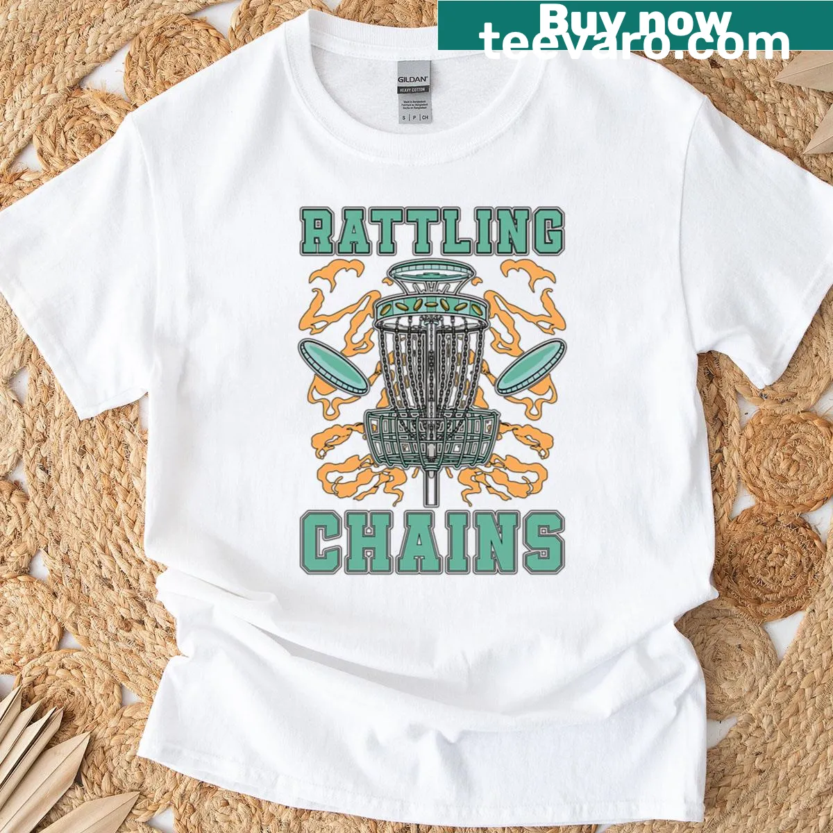 T-shirt featuring a golfer in action with a disc golf theme — on a men's t-shirt