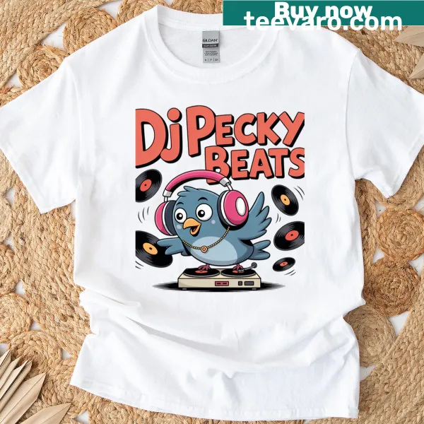 Cartoon DJ pigeon graphic on a T-shirt