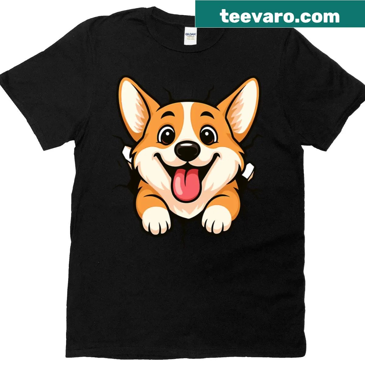 Corgi illustration on a cracked hole graphic T-shirt — on a men's t-shirt