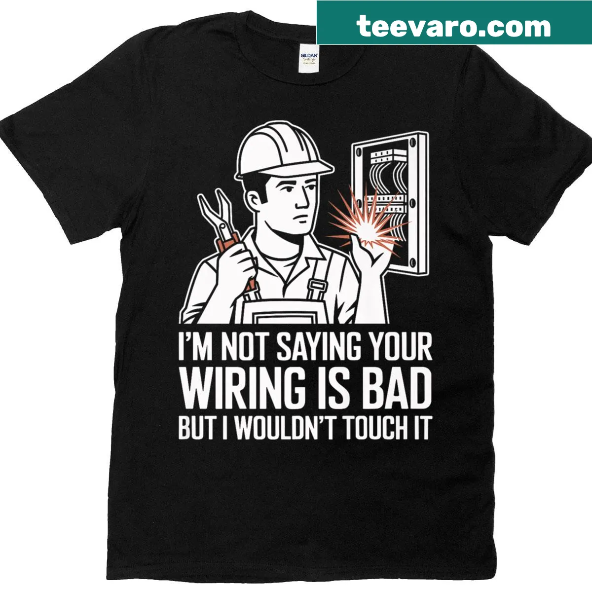 Humorous electrician-themed design on a t-shirt — on a men's t-shirt