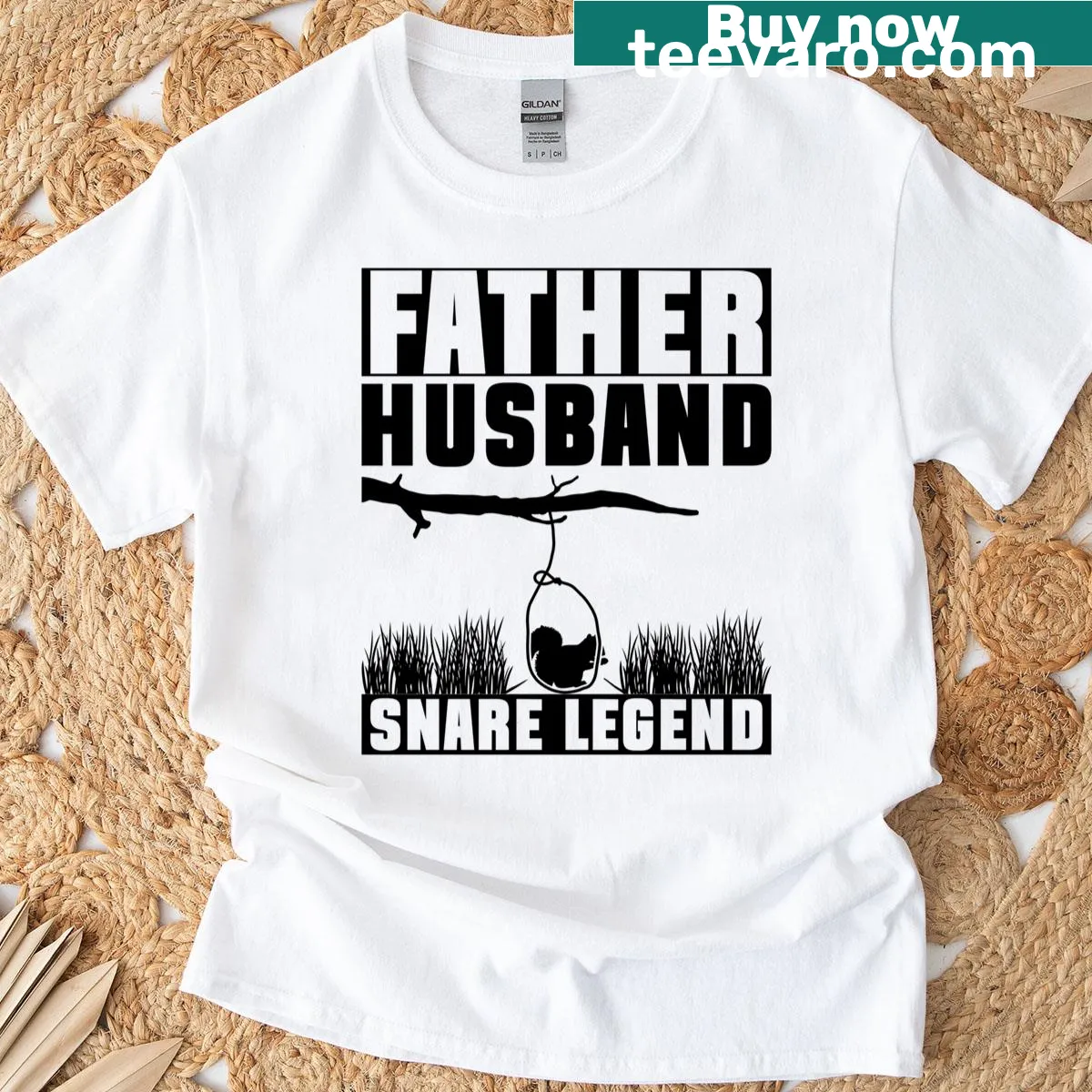 Typography t-shirt featuring the phrase 'Father Husband Snare Legend' — on a men's t-shirt