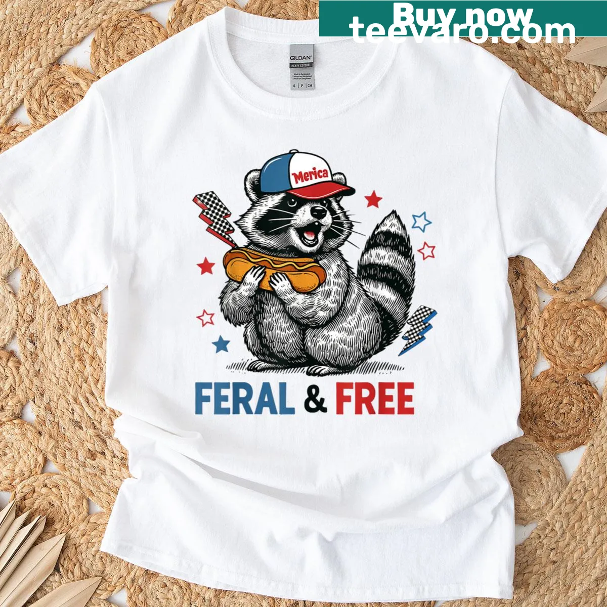 Funny raccoon t-shirt with patriotic theme and humorous text — on a men's t-shirt