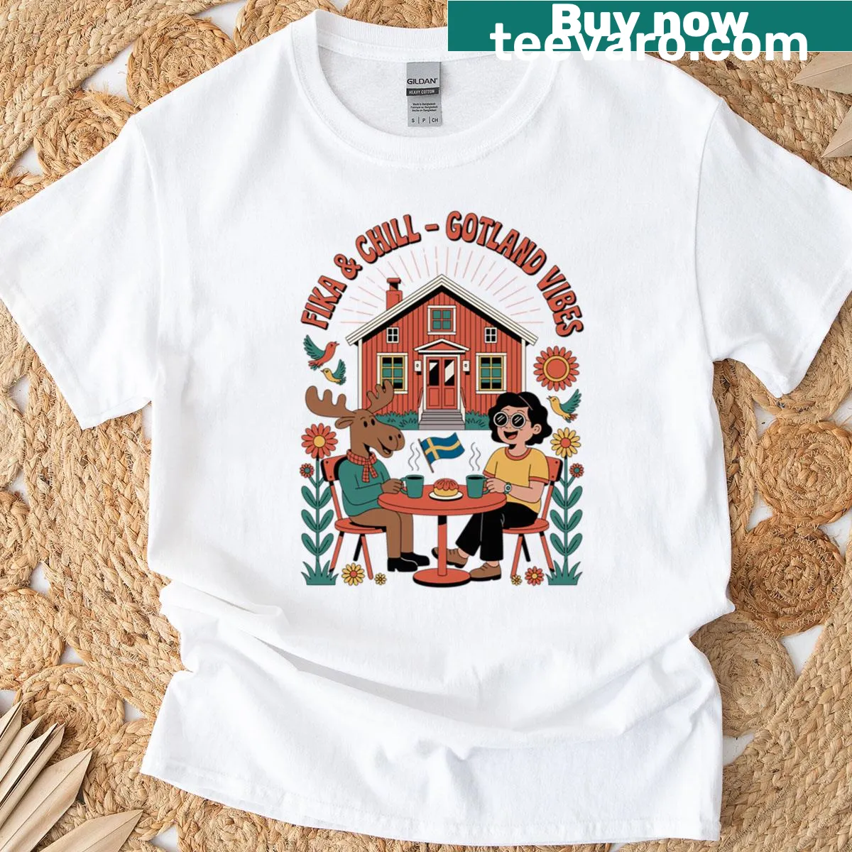 Retro T-shirt with 'Fika Chill Gotland Vibes' text — on a men's t-shirt