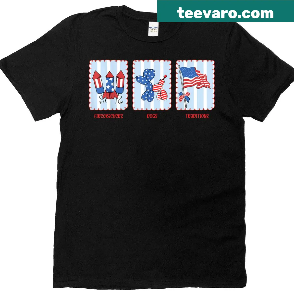 Vintage-style firecracker and dog graphic on Fourth of July t-shirt — on a men's t-shirt