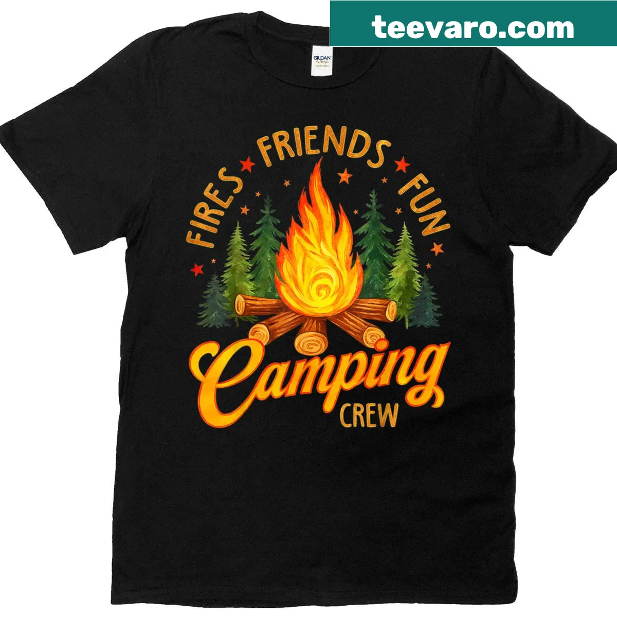 Campfire-themed graphic on camping crew summer t-shirt — on a men's t-shirt