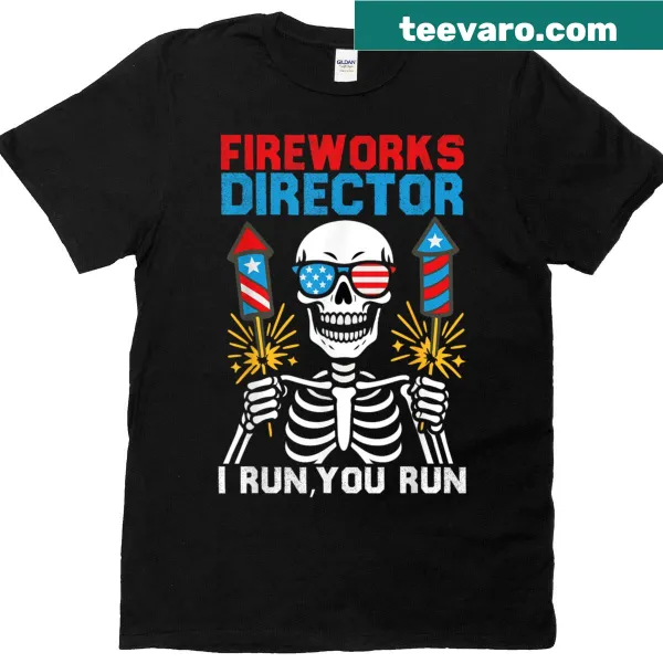 4th of July T-shirt featuring 'I Run You Run' design and fireworks
