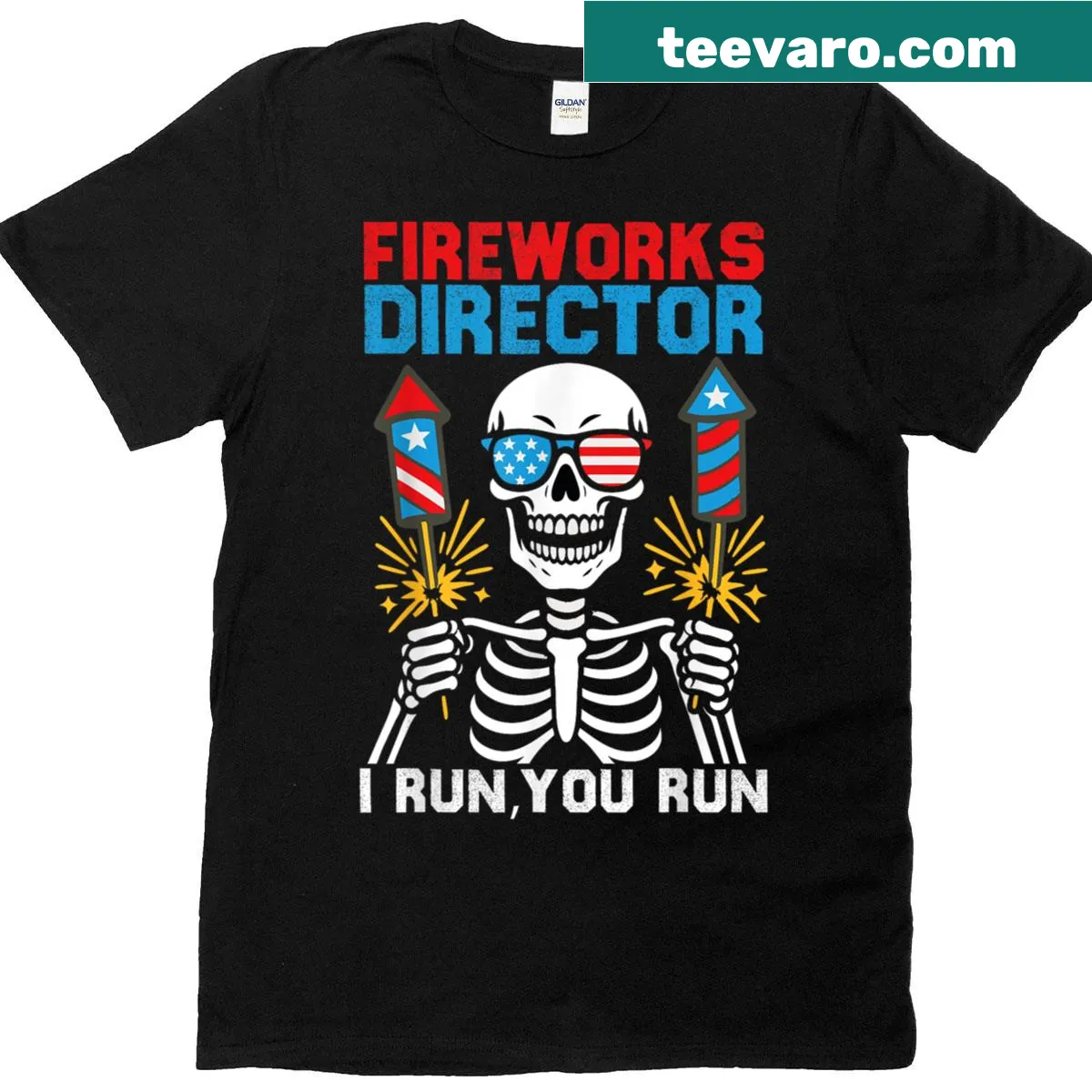 4th of July T-shirt featuring 'I Run You Run' design and fireworks — on a men's t-shirt