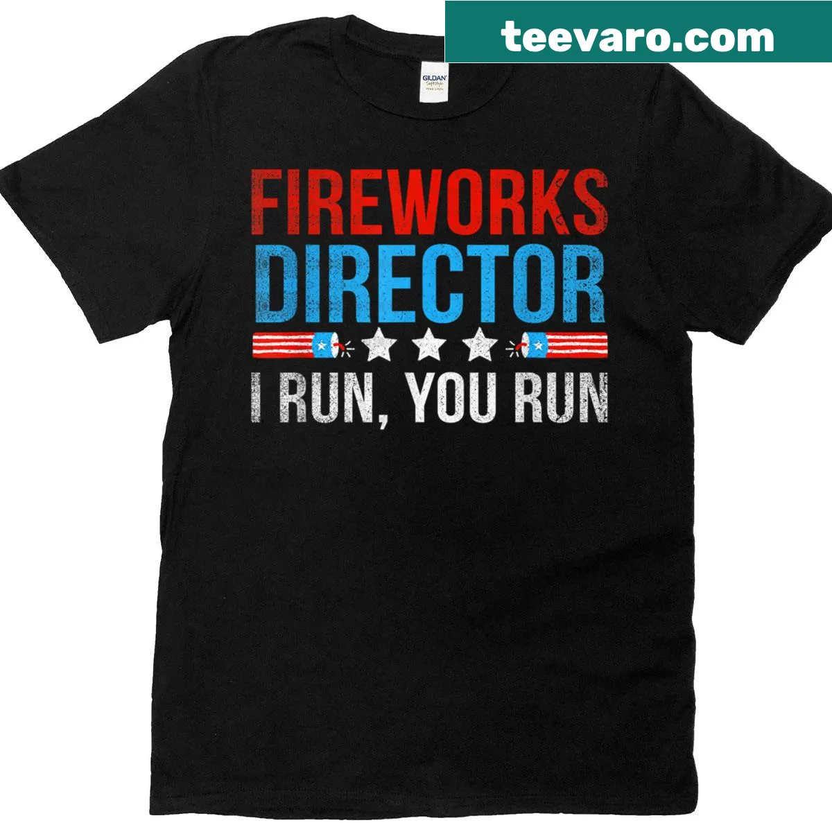Funny 4th of July T-shirt with 'I Run You Run' slogan and fireworks theme — on a men's t-shirt