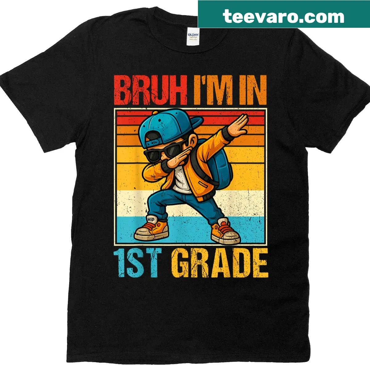 Funny first grade t-shirt with dabbing boy illustration — on a men's t-shirt