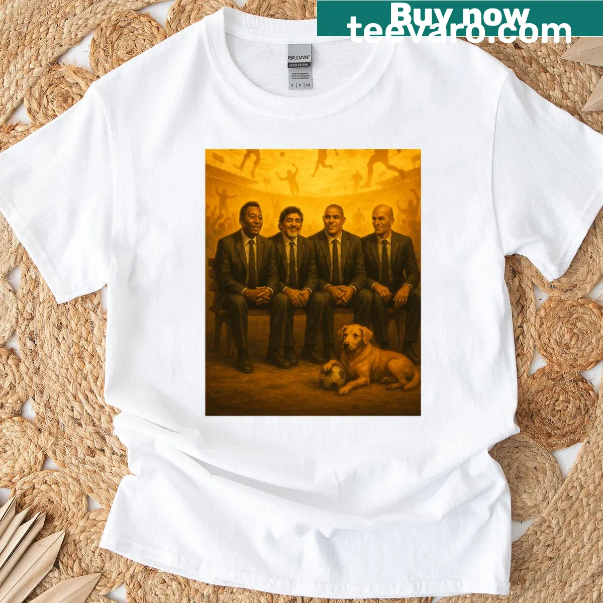 Artistic t-shirt showcasing legendary football players Pelé, Maradona, Ronaldo, and Zidane — on a men's t-shirt