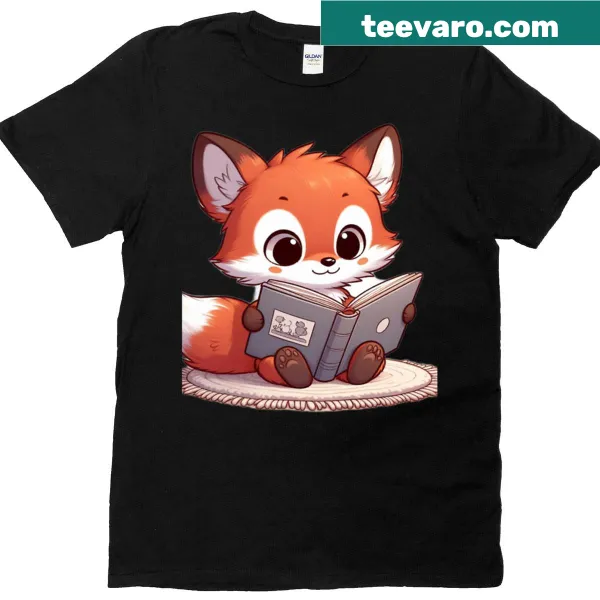 Cartoon fox cub reading a book on a t-shirt