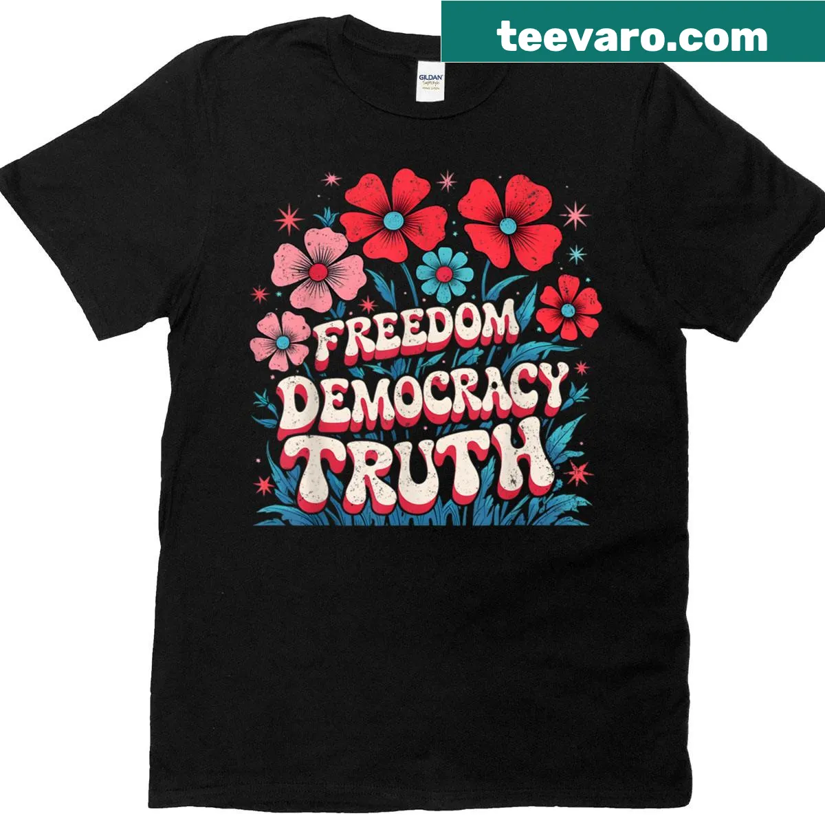 Retro 70s style t-shirt featuring flowers and patriotic text for Fourth of July — on a men's t-shirt