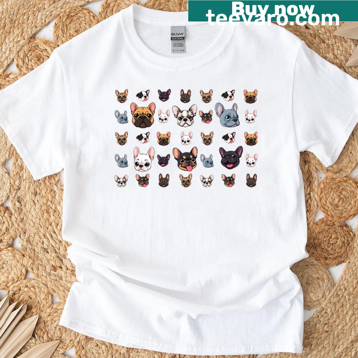 Illustrated T-shirt featuring various cartoon French Bulldogs — on a men's t-shirt