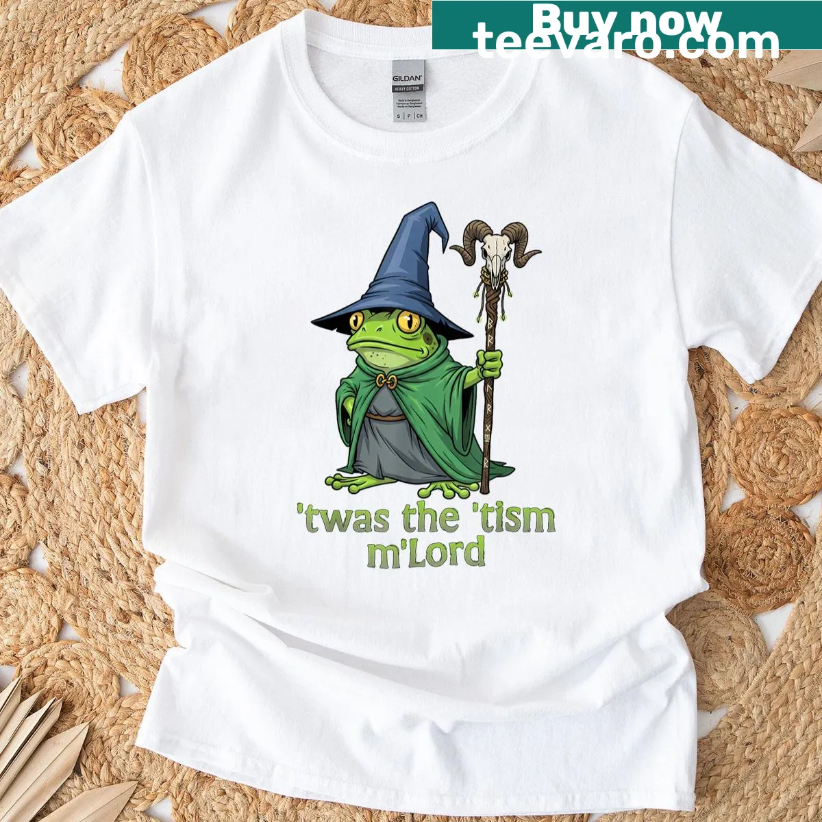 T-shirt featuring a whimsical frog wizard meme design — on a men's t-shirt