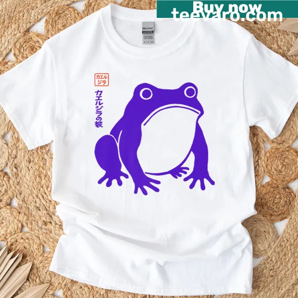Realistic graphic of a grumpy purple frog in Japanese art style