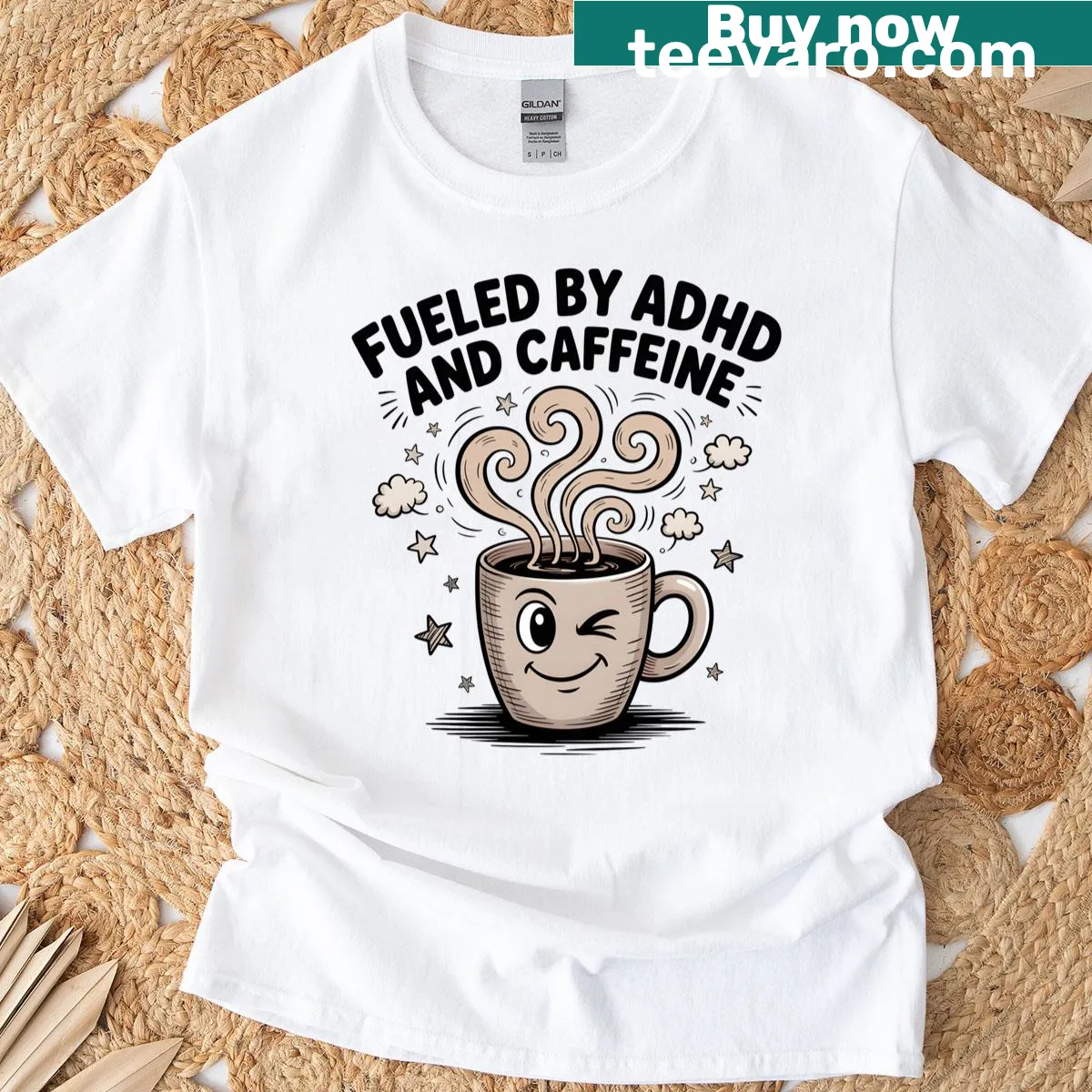 Funny cartoon T-shirt with ADHD and coffee meme graphic — on a men's t-shirt