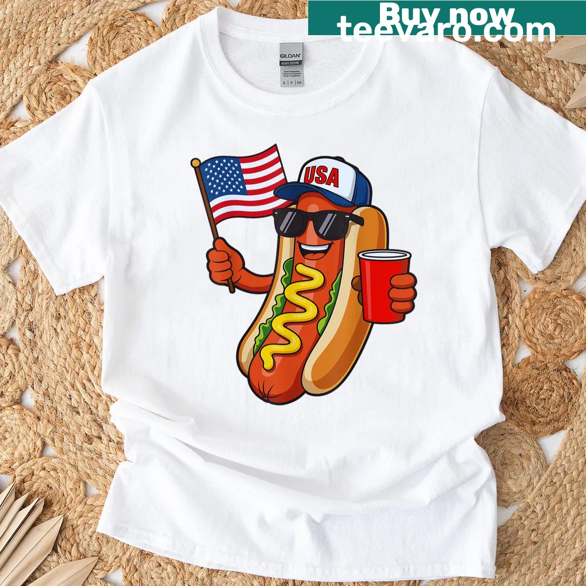Funny Independence Day hot dog t-shirt with playful design — on a men's t-shirt