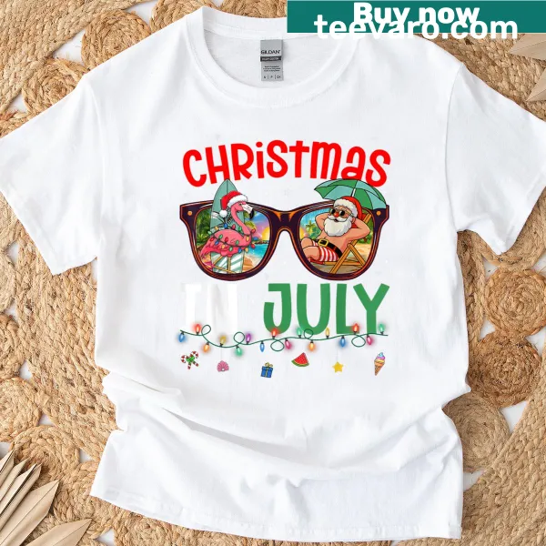 Vintage Flamingo Santa design for Christmas in July on a women's t-shirt