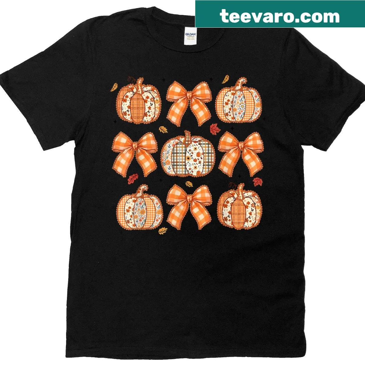 Autumn-themed T-shirt with a pumpkin and bow illustration for Thanksgiving — on a men's t-shirt