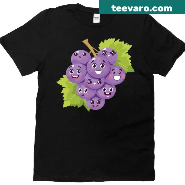 T-shirt featuring smiling faces of cartoon grapes in a playful design