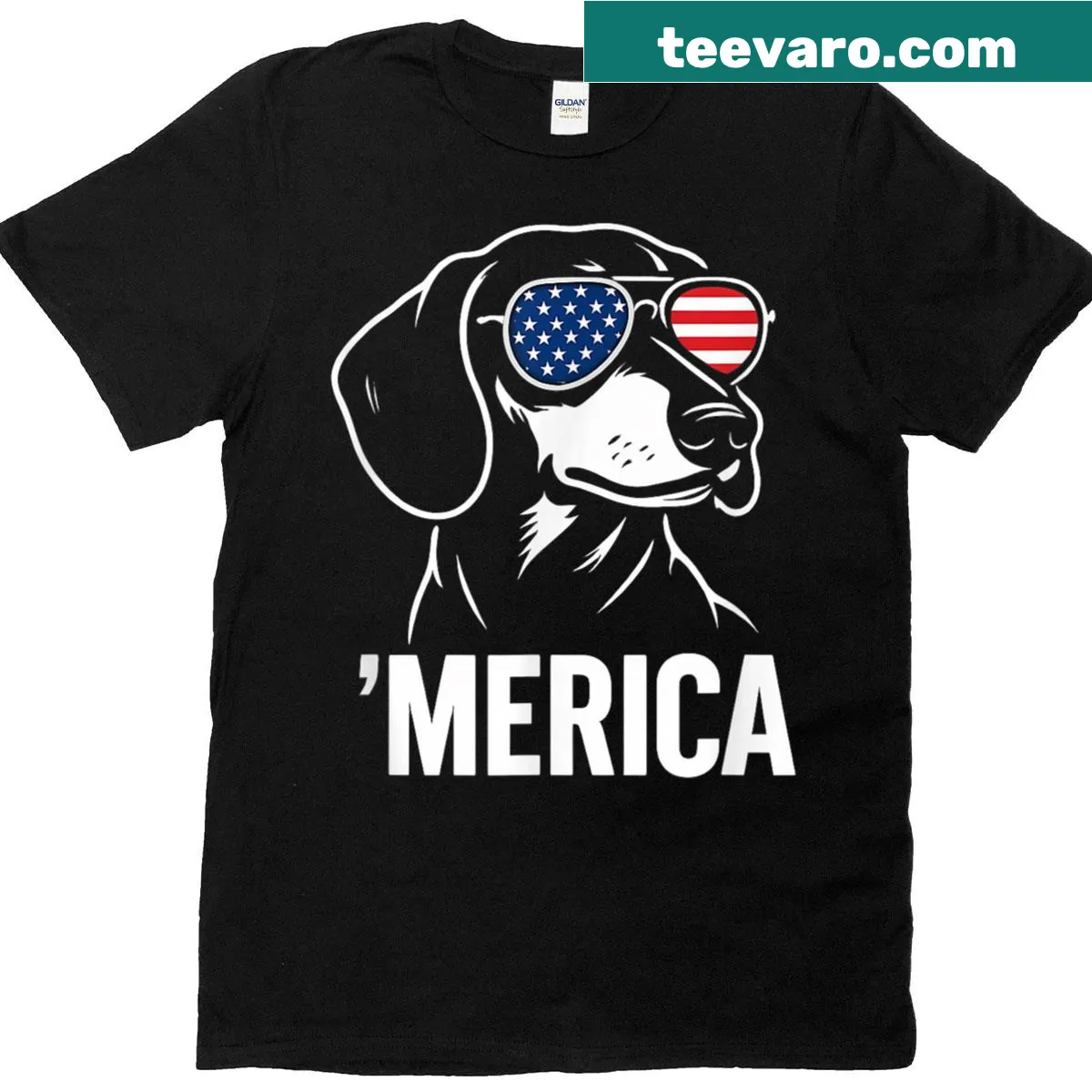 Dachshund wearing sunglasses with American flag design on t-shirt — on a men's t-shirt