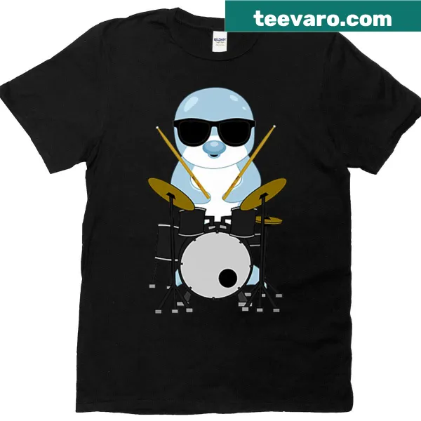 Dolphin in sunglasses playing drums on a t-shirt