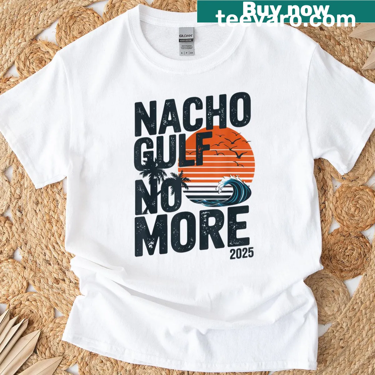 Vintage-style nacho-themed Gulf humor graphic on a t-shirt — on a men's t-shirt