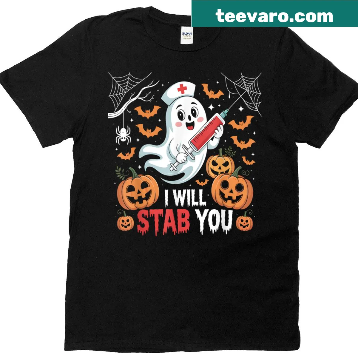 Halloween nurse shirt with ghost design and humorous text — on a men's t-shirt