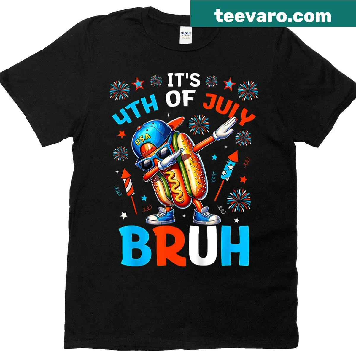 Humorous hotdog graphic T-shirt for Fourth of July celebrations. — on a men's t-shirt