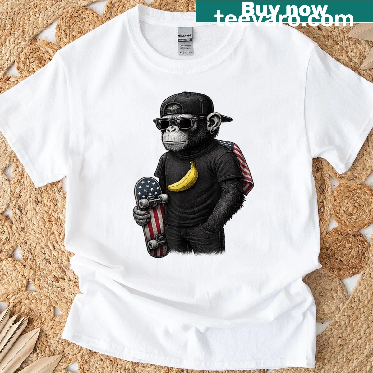 Cartoon monkey wearing sunglasses on a fun graphic tee — on a men's t-shirt