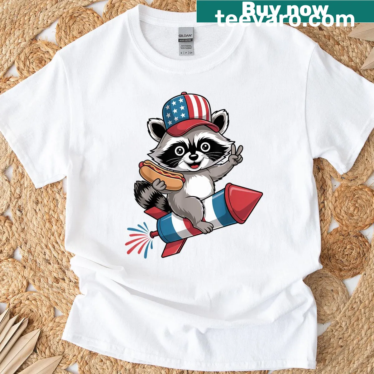 Illustration of a raccoon holding a hot dog for Fourth of July — on a men's t-shirt