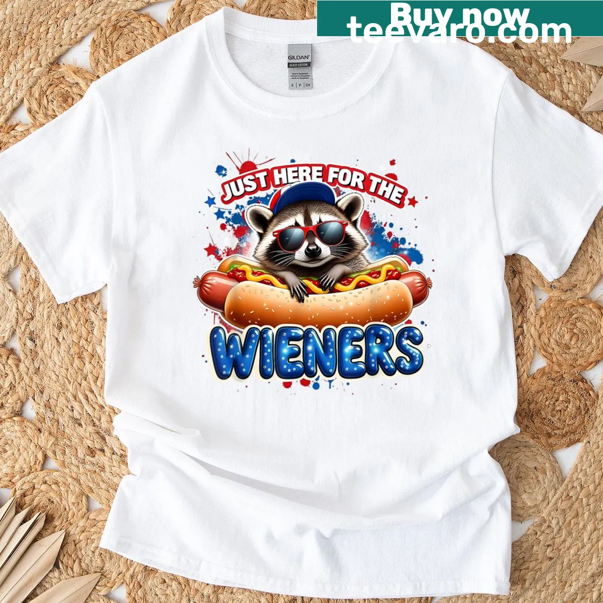 Playful raccoon graphic with hot dog for Fourth of July T-shirt. — on a men's t-shirt