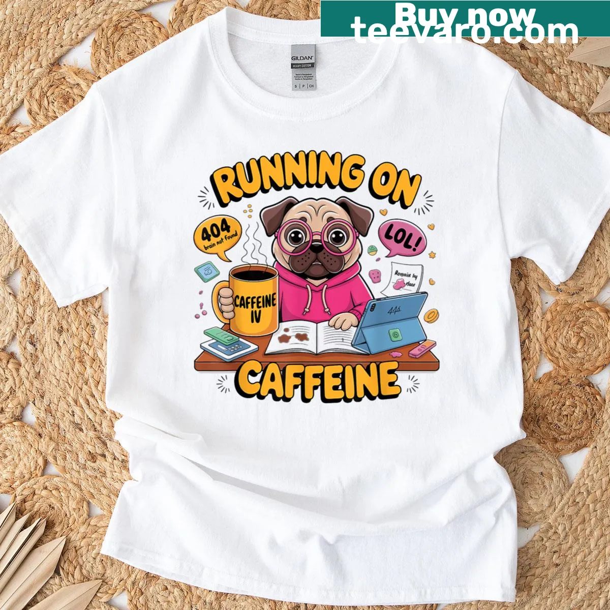 Illustration of a running pug with coffee for dog lovers — on a men's t-shirt