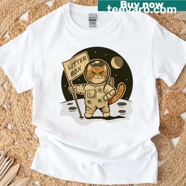 Cartoon cat astronaut planting a litter box flag on an alien planet
