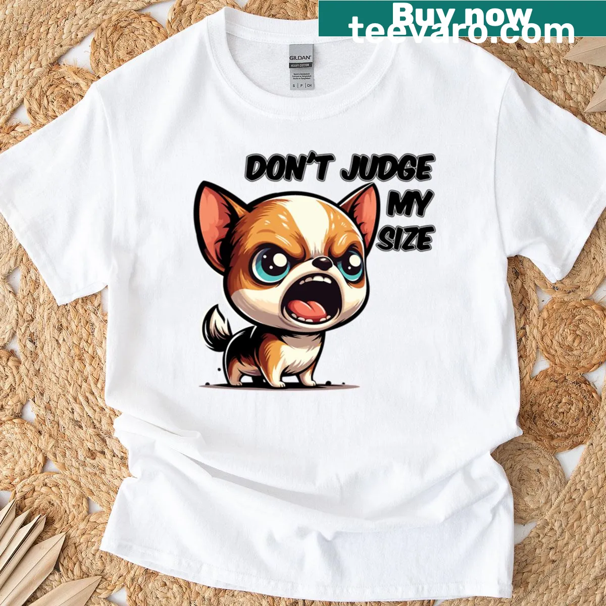Cartoon Chihuahua ready to attack on a humorous t-shirt — on a men's t-shirt