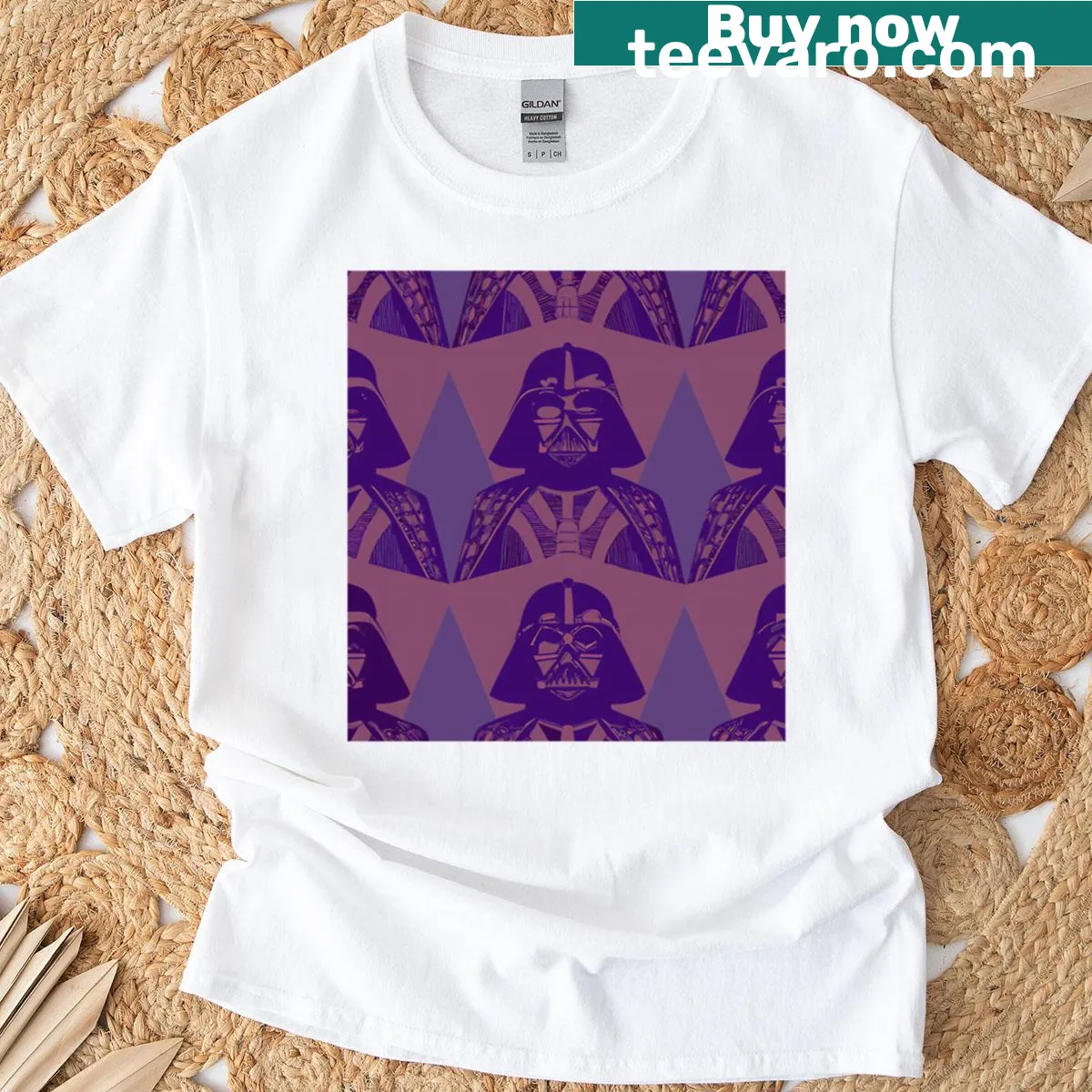 Illustrative T-shirt featuring a galactic warrior design — on a men's t-shirt