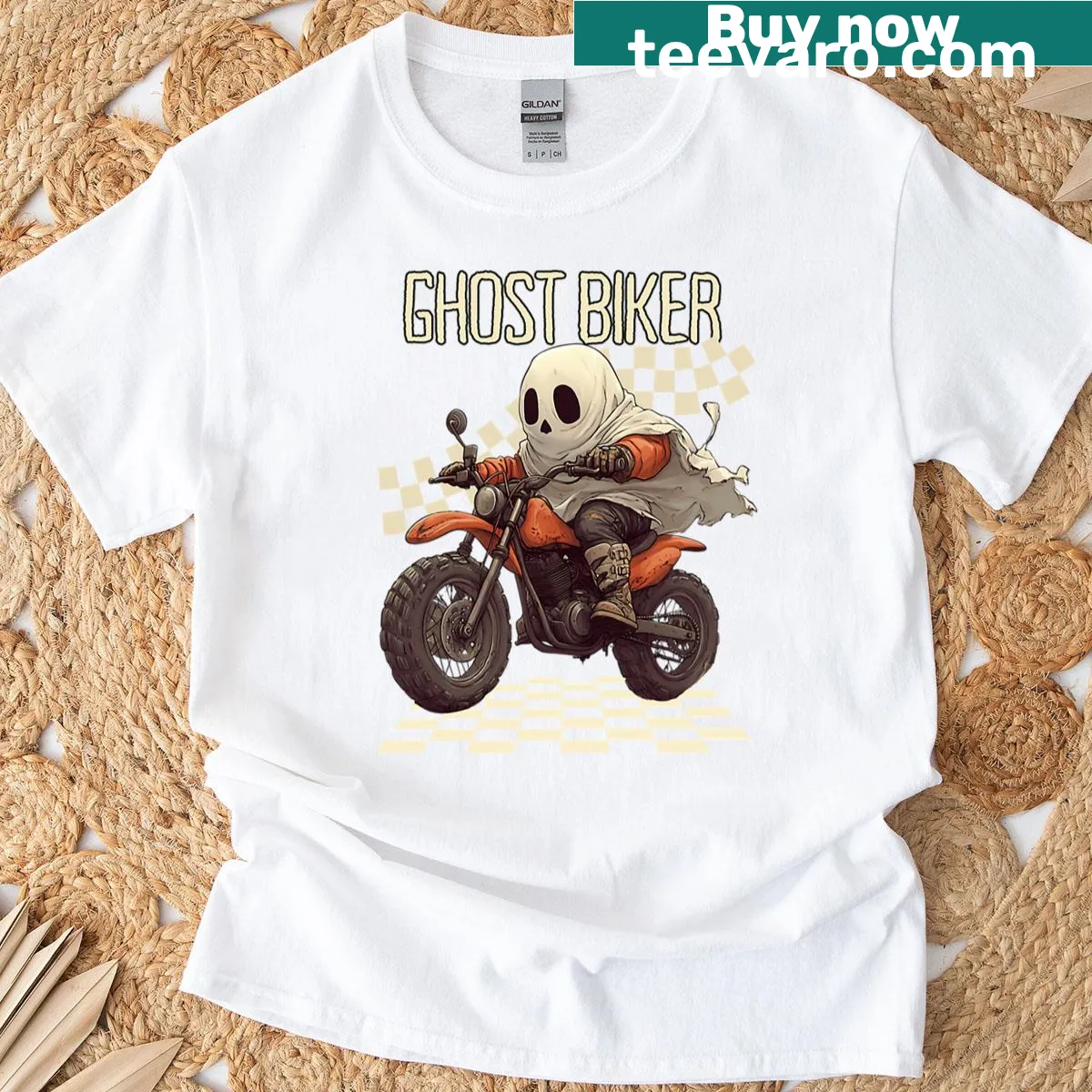 Cartoon ghost biker on a dirt bike graphic T-shirt — on a men's t-shirt