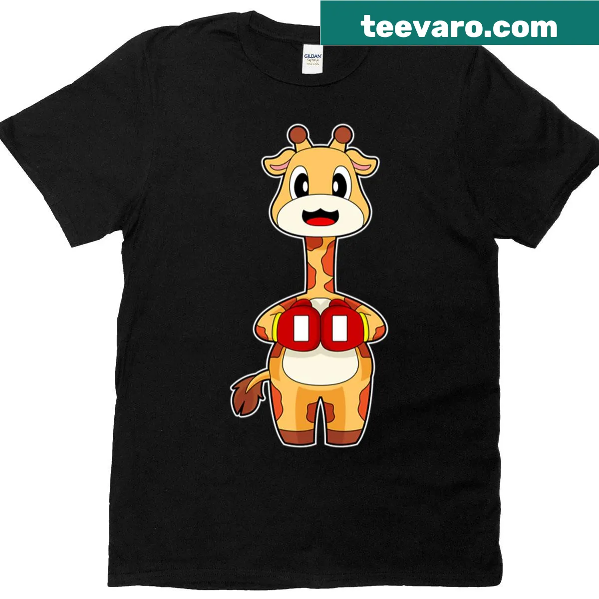 T-shirt featuring a cartoon giraffe wearing boxing gloves — on a men's t-shirt