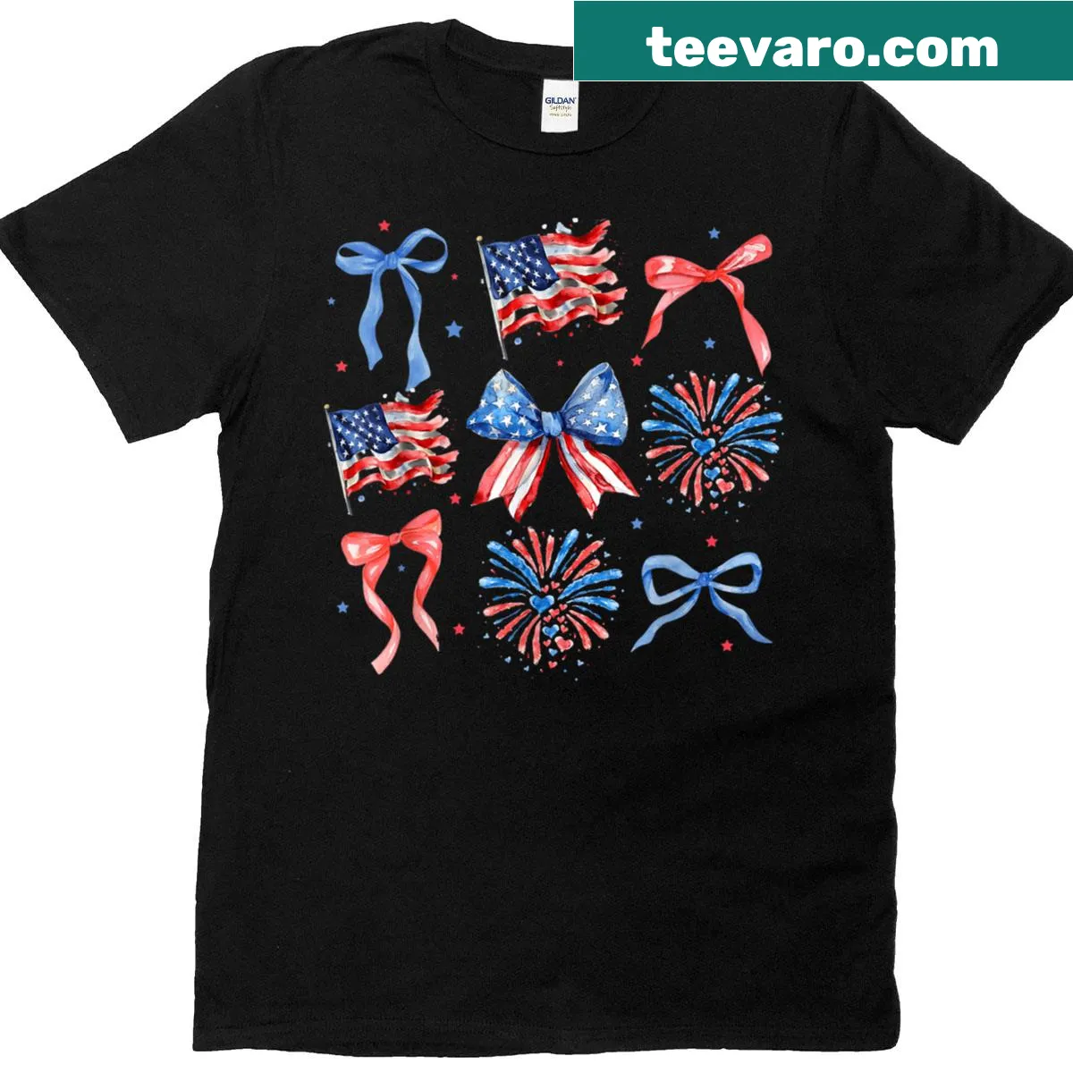 Girly T-shirt with a bow and American flag design for July 4th — on a men's t-shirt