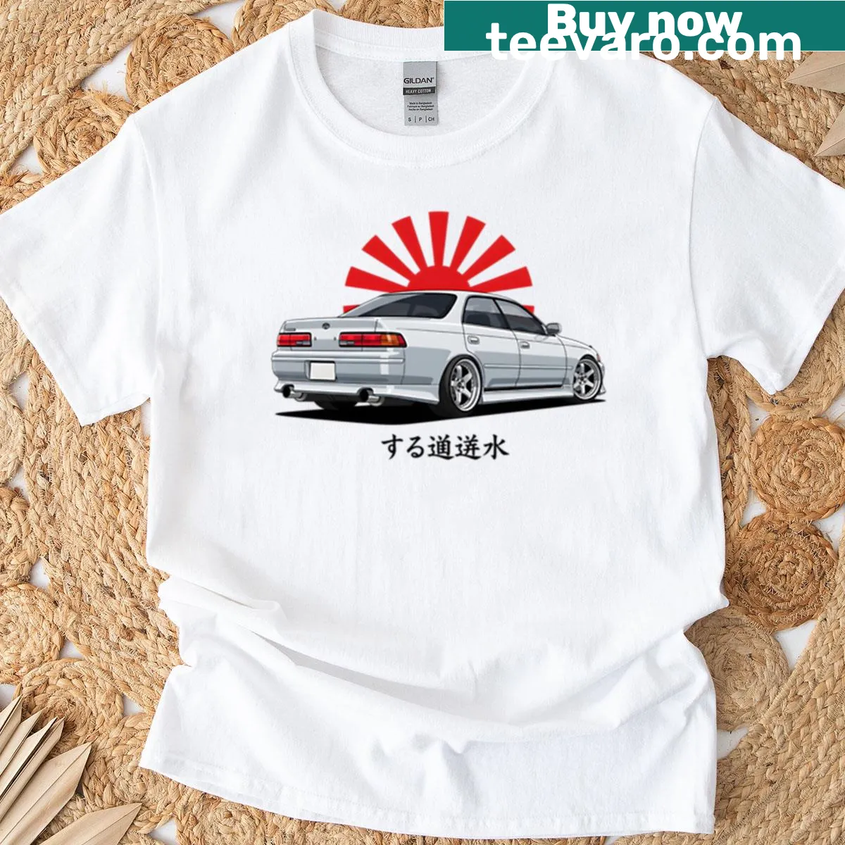 Artwork of Jzx90 Mark Ii with drift setup and rising sun design — on a men's t-shirt